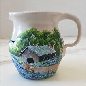 CASEY POTTERY Doris Fogel Hand Painted Barnhouse Scene Small Pitcher - Vtg